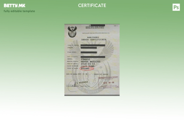 Модерен стил на шаблон за уверение за смрт на Одделот за внатрешни работи во Јуж